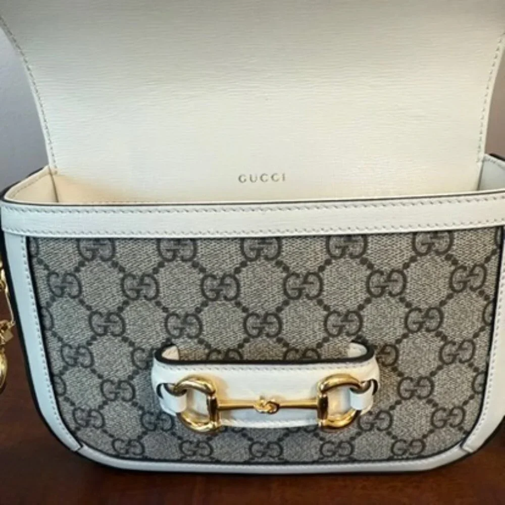 Gucci Horsebit 1955 Small Shoulder Bag GG Supreme White Leather - Picture 4 of 5